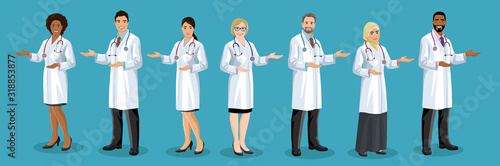Big set of male and female doctors different nationalities. Men and woman medical staff are standing half turn and pointing by hand. European, Asian, African American, Arab hospital employees. Vector