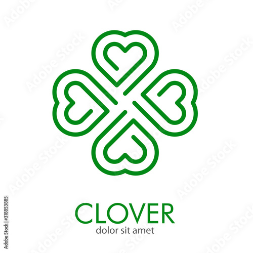 Logotipo abstracto con texto Clover con trébol lineal de 4 hojas con nudo en forma de corazón en color verde
