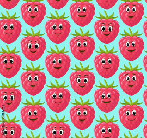 Seamless pattern with funny cute raspberries. Kawaii berries. Vector illustration.