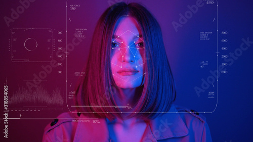 Future. Face Detection. Technological 3d Scanning. Biometric Facial Recognition. Face Id. Technological Scanning Of The Face Of Beautiful Woman. Neon Portrait. Bright Neon Lights. For Facial