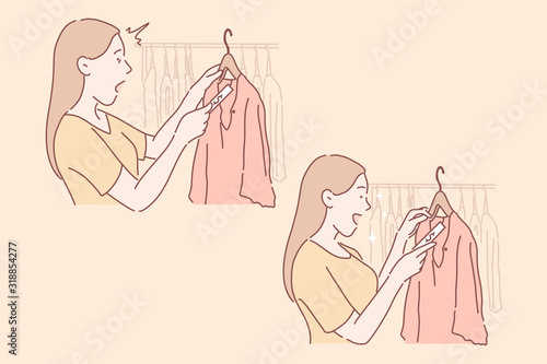 Shopping, sale, buyer set concept. Happy woman saw dress on sale and amazed at it. Young girl buyer is surpised by expensive price on clothing. Female is in clothing shop. Simple flat vector.