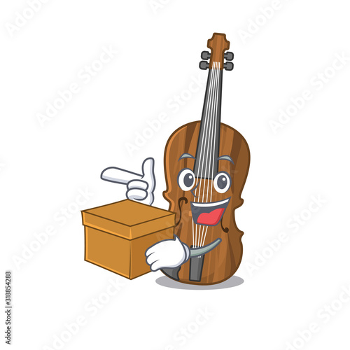 Cute violin cartoon character having a box