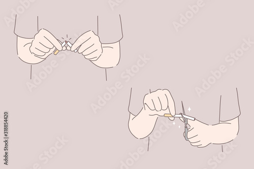 Stop or no smoking set concept. Hands are breaking cigarettes. Stopping to smoke, cutting cigarettes with scissors. Mans hands are leaving off smoking. Qutting from addiction. Simple flat vector
