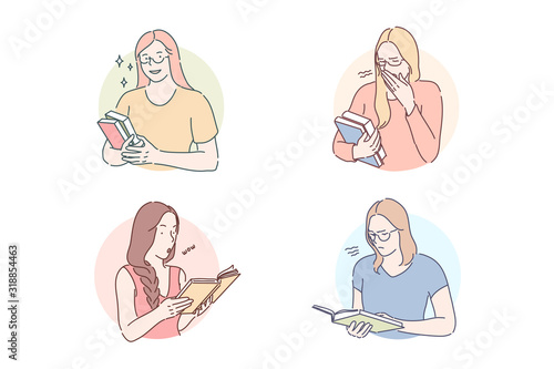 Reading interesting or boring book set concept. Woman yawns, reading boring journal. Bored girl reads book. Female has interesting magazine. Student studies tutorial with interest. Simple flat vector