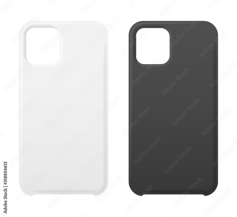 Empty phone black and white cover smartphone blank case mockup designs isolated on white. Simple cellphone accessories to protect from mechanical damage. Protective mobile items. Vector illustration. Empty phone black and white cover smartphone blank case mockup designs isolated on white. Simple cellphone accessories to protect from mechanical damage. Protective mobile items. Vector illustration.