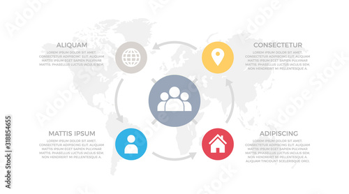 Set of red and orange, blue, gray elements for infographic with world map presentation slides.