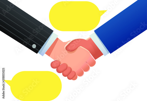 Vector illustration of hand shaking between different businessman with some speech bubbles isolated on white background
