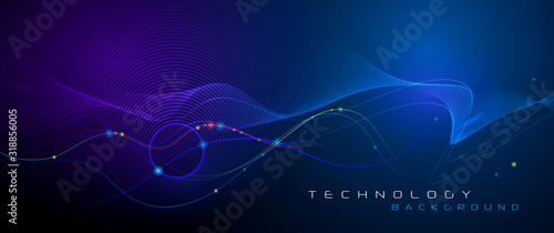 Illustration Abstract glowing, neon light effect, wave line, wavy pattern. Vector design communication techno on blue background. Futuristic digital technology for web or banner background