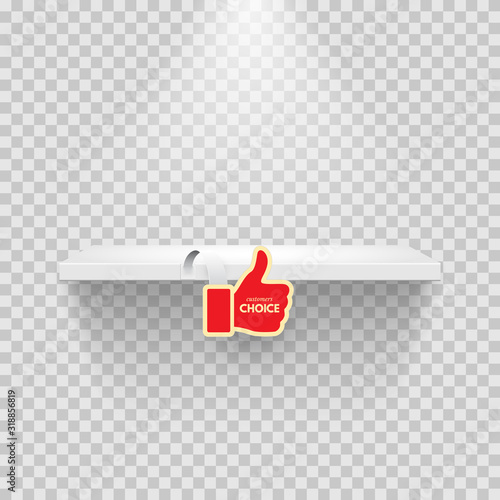 Realistic shelf with red thumbs-up hand gesture sign on transparent background. Discount, sale, new goods offers, number one, hot price, special offer. Vector illustration.