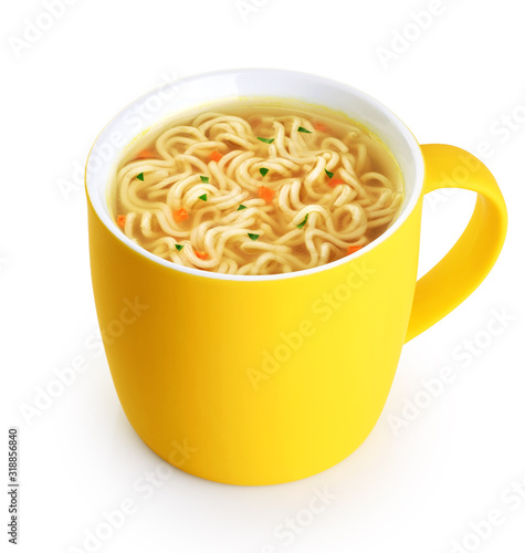 Hot cup of instant chicken noodle soup isolated on white background.