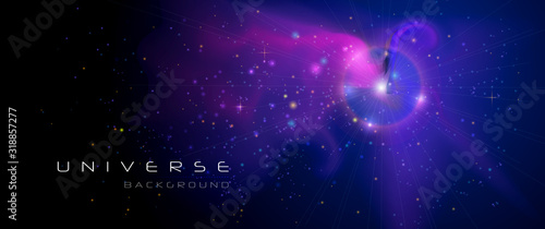 Vector abstract of cosmos. Illustration night sky, Cosmic Galaxy background with nebula, stardust and bright, light shining stars. Dark blue color of universe background for your design.