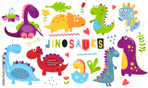 Cute dinosaurs set. Hand drawn. Doodle cartoon dino characters for nursery posters, cards, kids t-shirts. Vector illustration. Isolated on white background. photo