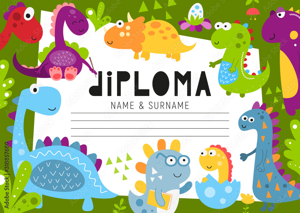 Diploma template with dino for kids, certificate background with hand drawn cute dinosaurs for school, preschool, kindergarten. Vector illustration. Place for text.