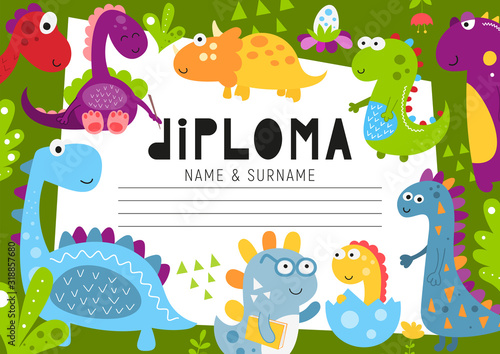 Fototapeta Naklejka Na Ścianę i Meble -  Diploma template with dino for kids, certificate background with hand drawn cute dinosaurs for school, preschool, kindergarten. Vector illustration. Place for text.