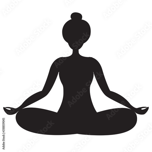 Girl is doing yoga sitting in lotus position. The girl meditates. Modern flat black silhouette. Vector illustration isolated on white background.