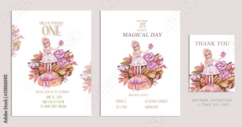 Birthday Anniversary watercolor invitation cards set with cartoon character. Lovely cute girl and butterfly. Birthday baby party Invitation Card Template