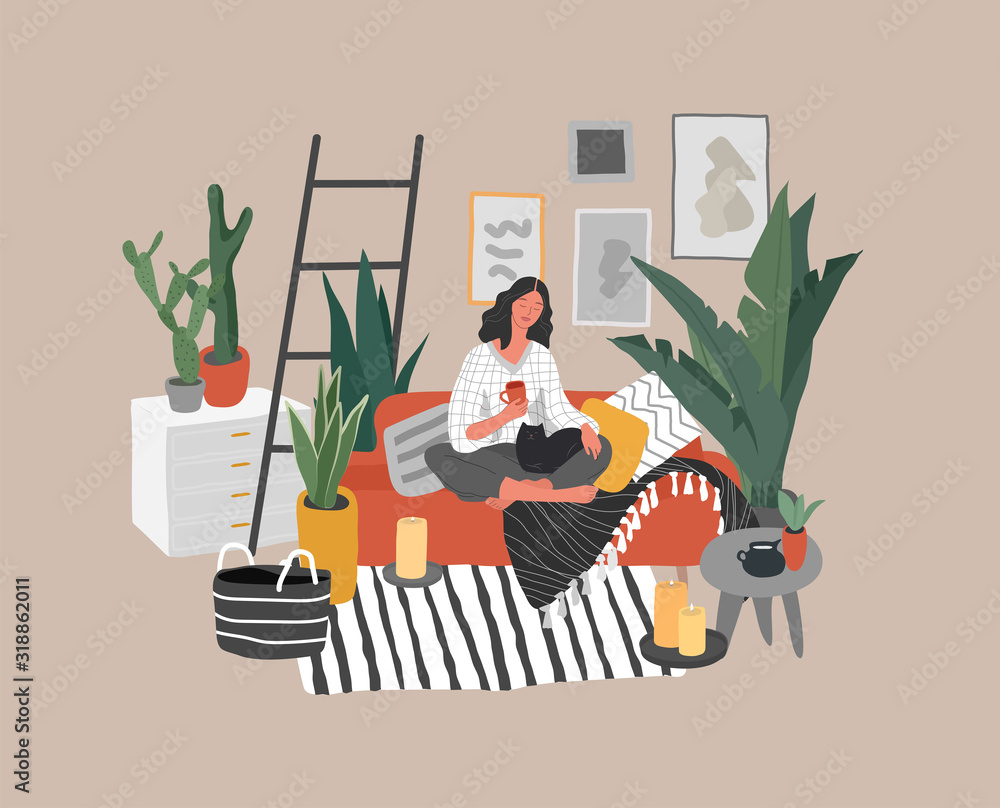 Girl sitting and resting on the couch with a cat and coffee. Daily life and everyday routine scene by young woman in scandinavian style cozy interior with homeplants. Cartoon vector - obrazy, fototapety, plakaty 