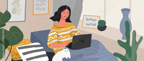 Cute woman sitting on chair with smartphone in cozy scandinavian home interior. Girlwith a cat and coffee relaxing at home. Daily life of young woman, everyday routine. Cartoon vector
