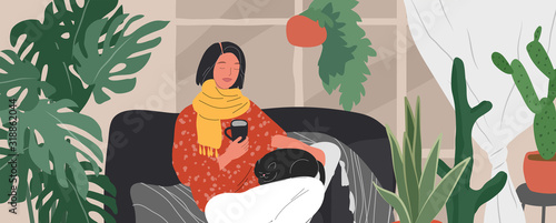 Girl sitting and resting on the couch with a cat and coffee. Daily life and everyday routine scene by young woman in scandinavian style cozy interior with homeplants. Cartoon vector