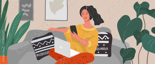 Cute woman sitting on chair with laptop in cozy scandinavian home interior. Gadget addiction concept. Girl spending time online. Daily life of social media networks user. Cartoon vector