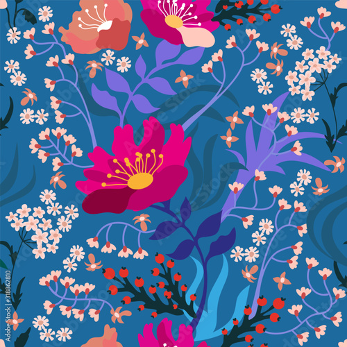 Seamless pattern with flowers and leaves.