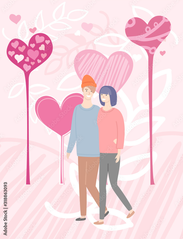Man and woman walking and cuddling vector, people in love and floral ornaments with hearts shapes. Adults strolling together, pair expressing feelings Man and woman walking and cuddling vector, people in love and floral ornaments with hearts shapes. Adults strolling together, pair expressing feelings