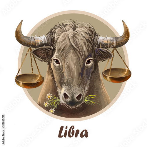 Libra metal ox year horoscope zodiac sign isolated. Digital art  illustration of chinese new year symbol, astrology lunar calendar sign.  Horned animal, libra horoscope icon, oriental cow with scales. Stock  Illustration |
