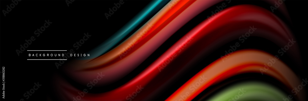 Silk and smooth flow wave poster design. Color waves, liquid style lines and shapes in black color background Silk and smooth flow wave poster design. Color waves, liquid style lines and shapes in black color background