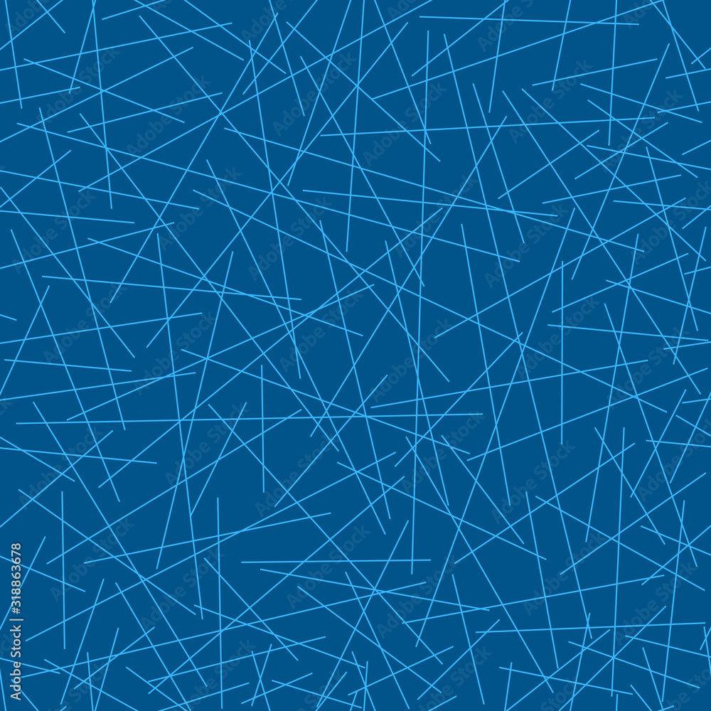 Fototapeta premium Seamless pattern of random simple lines, blue abstract geometric chaotic lines on trend blue background, vector illustration
