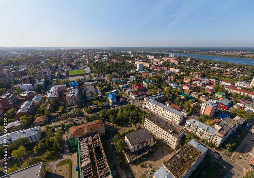 Tomsk city, stadium and Tom river. Aerial, summer, sunny