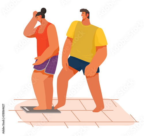 Woman getting on the scales and upset while man putting leg on balance for joking. Smiling boy standing behind of girl on weigher. Life of young couple and humor of male with weight of female vector