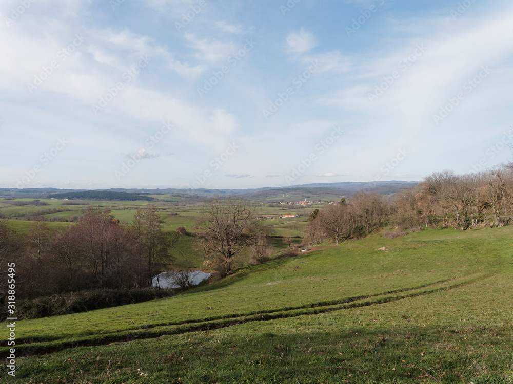Obraz premium Paysages d'Auvergne. Entre limagne en l'Allier et collines, bocages et plaines du Puy-de-Dôme. Route D207 entre Chaptuzat, Chantemerle, Saint-Angoulin, Saint-Quintin-sur-Sioule et Ebreuil