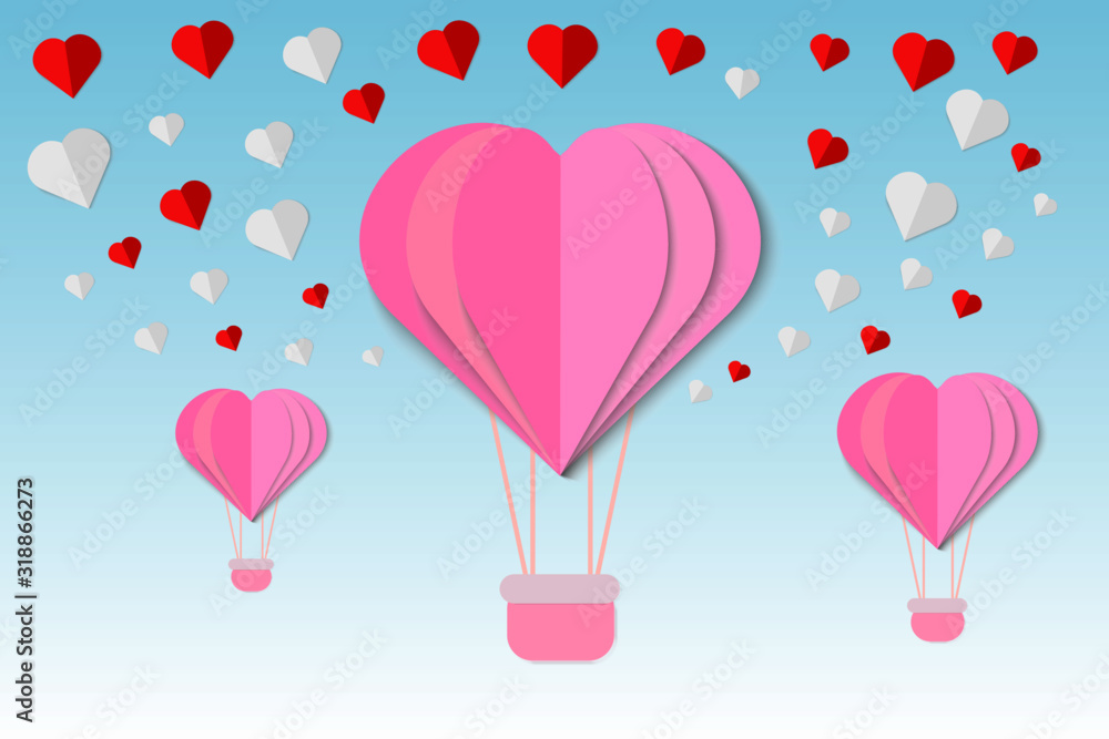 Illustration of love and valentine day, balloon flying with heart float on the sky.paper art and digital craft style, Vector.