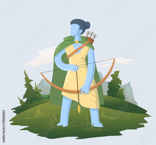 Huntress in green cape standing in the woods with her bow. Flat vector illustration.