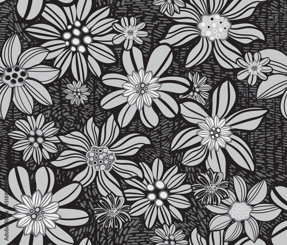 Obraz premium Monochrome flowers background. Floral seamless pattern, linocut style, vector