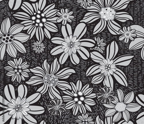 Monochrome flowers background. Floral seamless pattern, linocut style, vector
