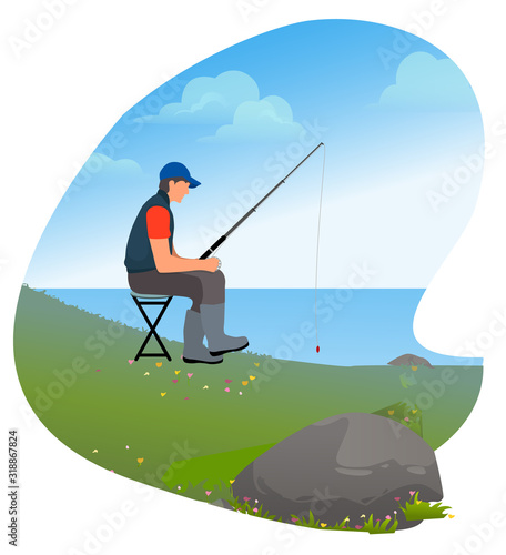 Man sitting on chair with rod in hands. Person fishing on lake or river. Male on vacation do his favorite hobby. Human in boots seat on landscape background. Vector illustration in flat style