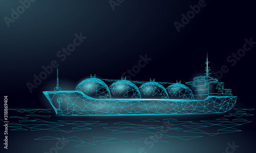 Tanker ship liquified gas transportation symbol. 3D low poly industrial oil refinery technology. Delivery petrol fuel cargo. Ocean LPG tank propane vector illustration