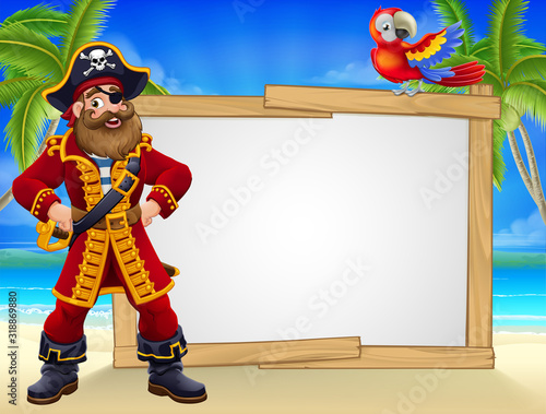 Friendly pirate captain cartoon character tropical beach background. With parrot, tropical palm trees, and large blank sign for your text