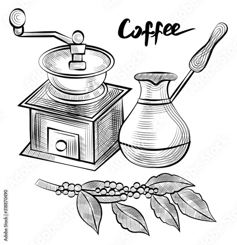 Coffee equipment vector, monochrome sketch outline. Kitchen tools for making hot beverage turkish cezve pot with handle, grinder and branch with foliage