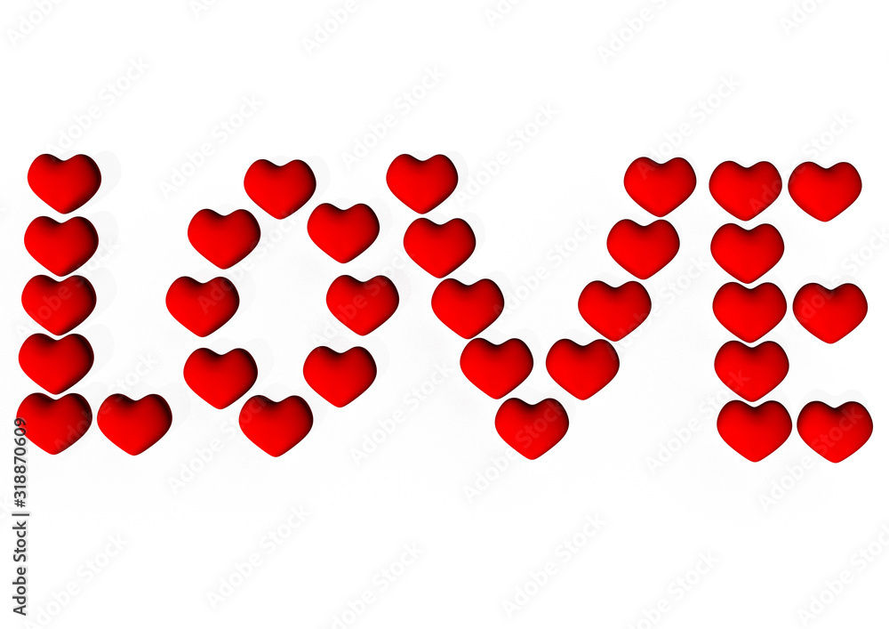 Hearts. The word love from hearts. Postcard. On white background. Valentine's Day. The 14th of February. Love. Feelings of love. 3d rendering. Hearts. The word love from hearts. Postcard. On white background. Valentine's Day. The 14th of February. Love. Feelings of love. 3d rendering.