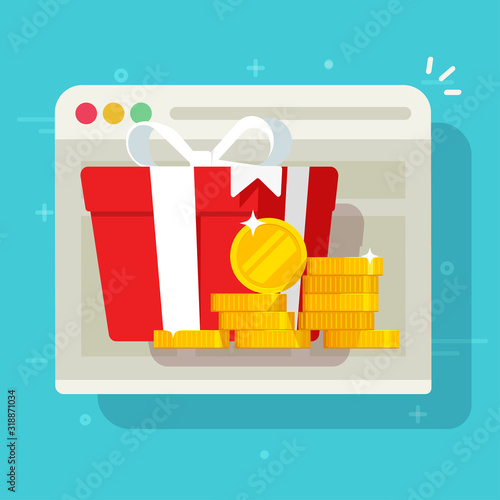 Money prize online or digital cash gift box from internet web site vector illustration flat cartoon, concept or web success giveaway or present reward fortune color modern design image