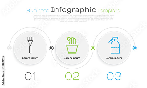 Set line Garden rake, Cactus and succulent in pot and Garden sprayer. Business infographic template. Vector