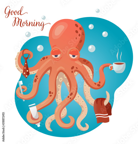 tired octopus with cup of coffee in the morning , vector cartoon illustration