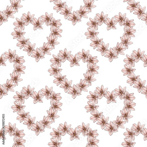 Seamless pattern with colorful bouquets of lilies. Endless texture with hearts of flowers. Background with lilies and floral elements for your design.