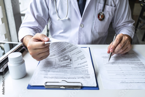 Doctor having conversation with patient while discussing explaining symptoms or counsel diagnosis health and consult treatment of disease, healthcare and assistance concept