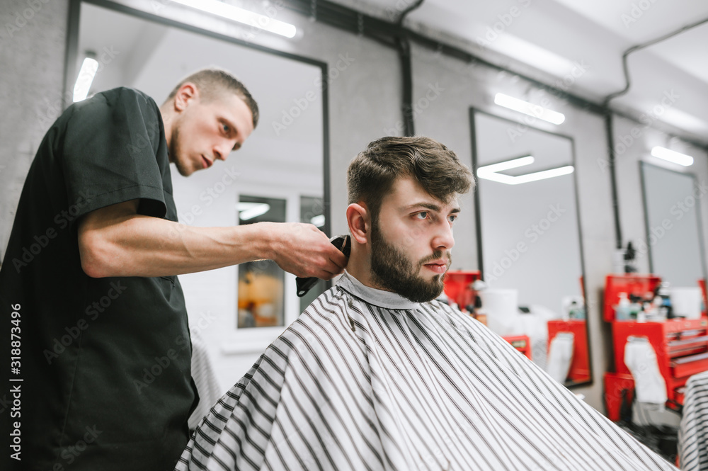 Closeup portrait of a bearded man clipping in a barber at a men's hairdresser. Concentrated male hairdresser cuts hair clipper in light modern barbershop. Closeup portrait of a bearded man clipping in a barber at a men's hairdresser. Concentrated male hairdresser cuts hair clipper in light modern barbershop.