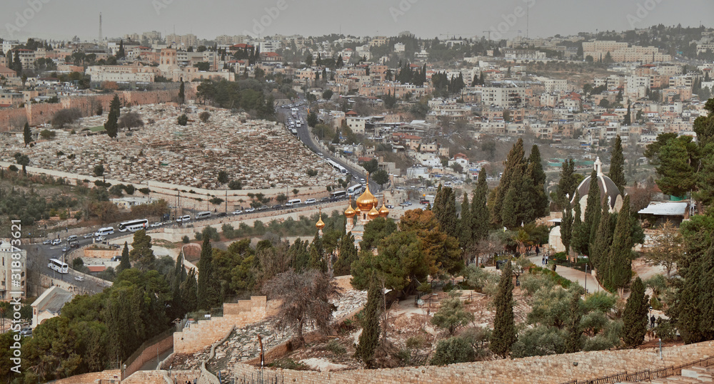 view to Jerusalem old city from the Mount of Olives, Israel.