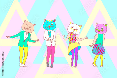 Dance, party, cat mask, team concept