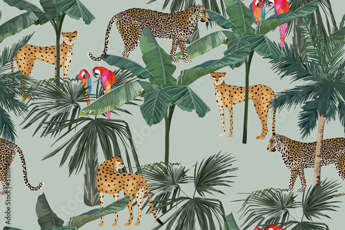 Tropical seamless pattern with palm trees, parrots and leopards. Summer jungle background. Vintage vector illustration. Rainforest landscape